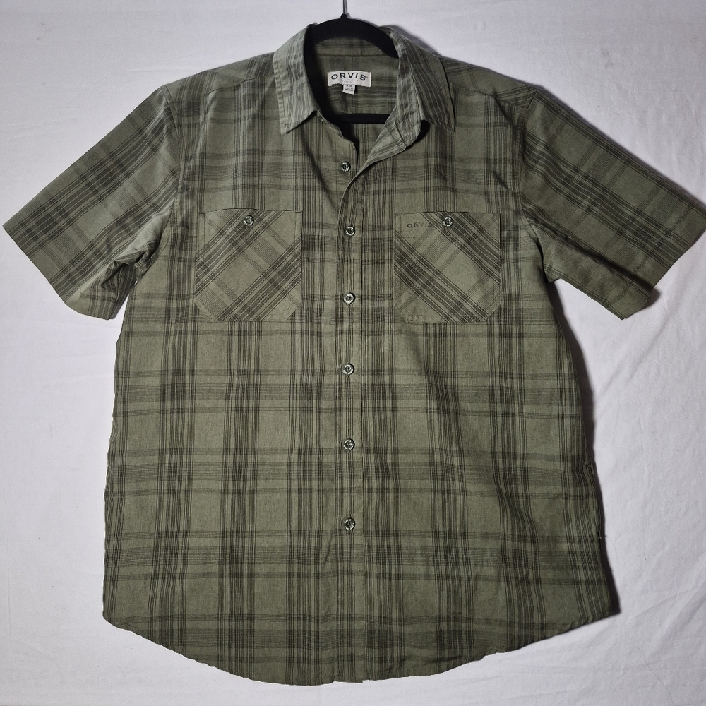 Orvis Olive Green Plaid Short-Sleeve Button-Down Shirt Medium